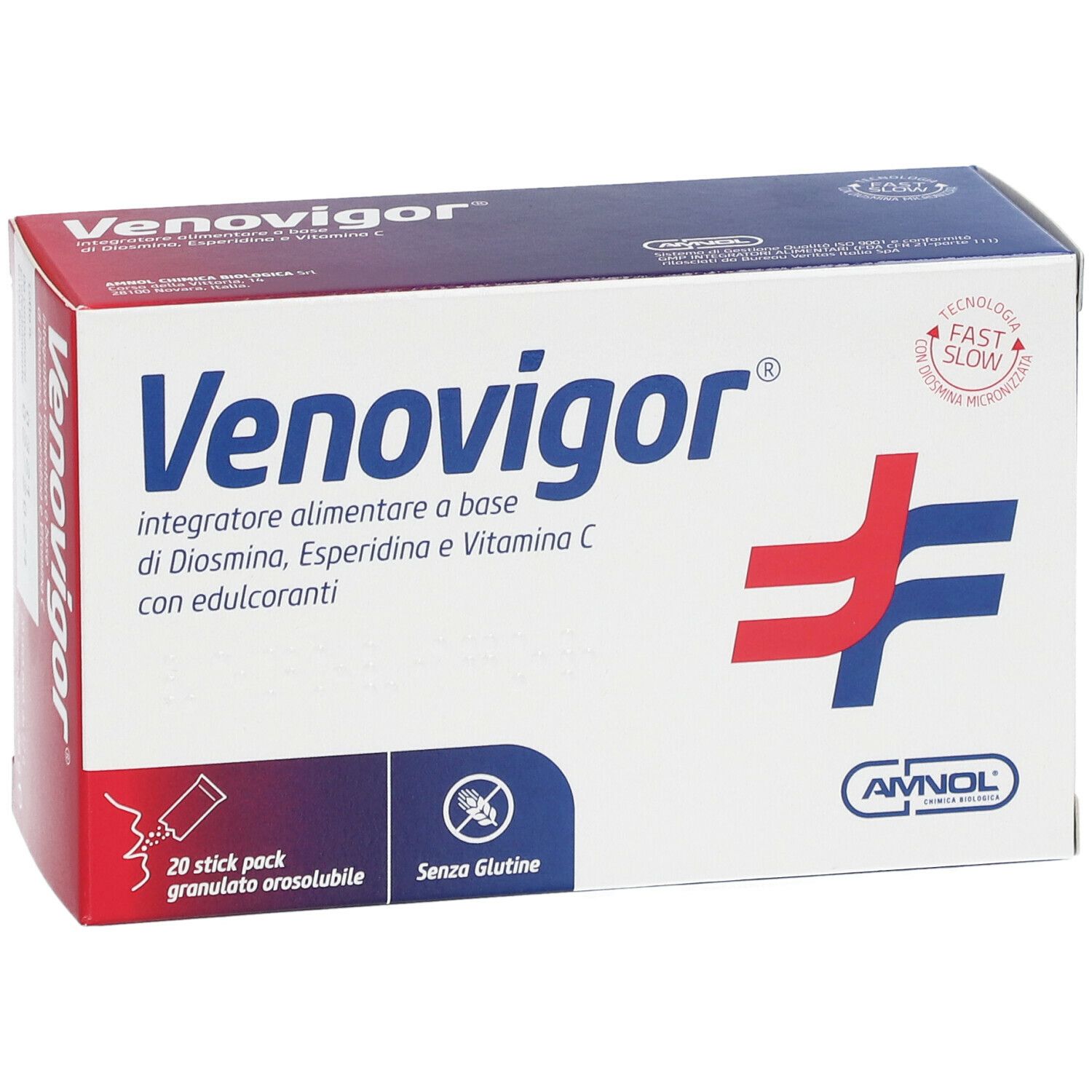 Venovigor®-Verpackung. Enthält 20 Beutel. Aufschrift: 'integratore alimentare'.
