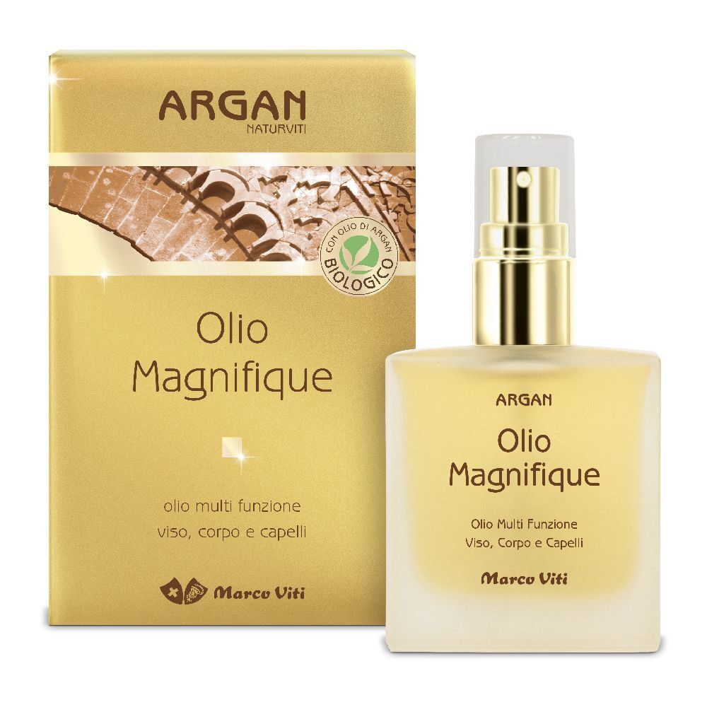Flacone olio Argan con scatola. Scritta: Olio Magnifique, Argan, Marco Viti. Con erogatore e sigillo bio.