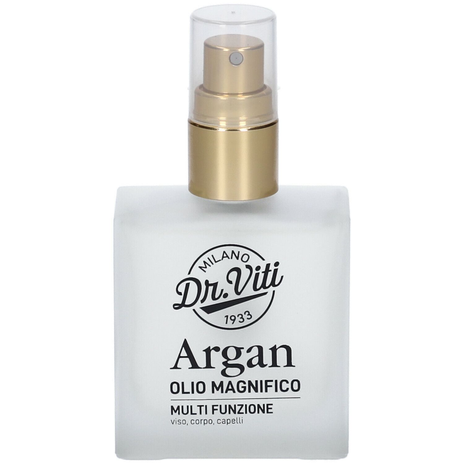 Flacone quadrato con vaporizzatore. Scritta: Dr. Viti, Argan, Olio Magnifico. Per viso, corpo, capelli.