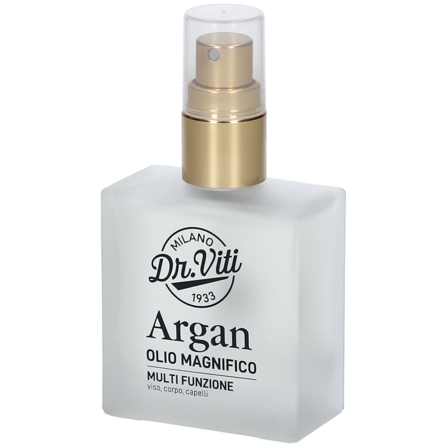 Flacone quadrato lattiginoso con vaporizzatore dorato. Scritta: Dr. Viti, Argan, Olio Magnifico.