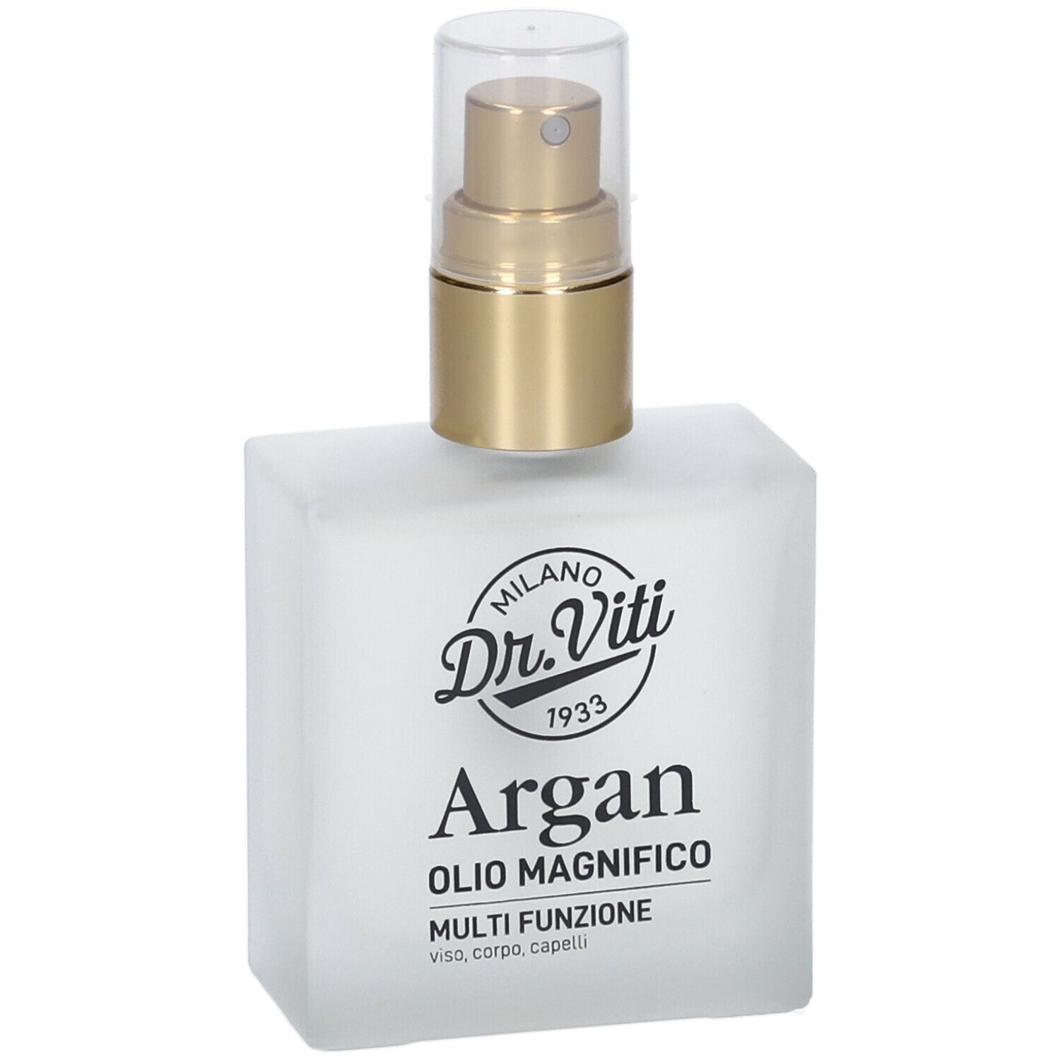 Flacone quadrato lattiginoso con vaporizzatore dorato. Scritta: Dr. Viti, Argan, Olio Magnifico.