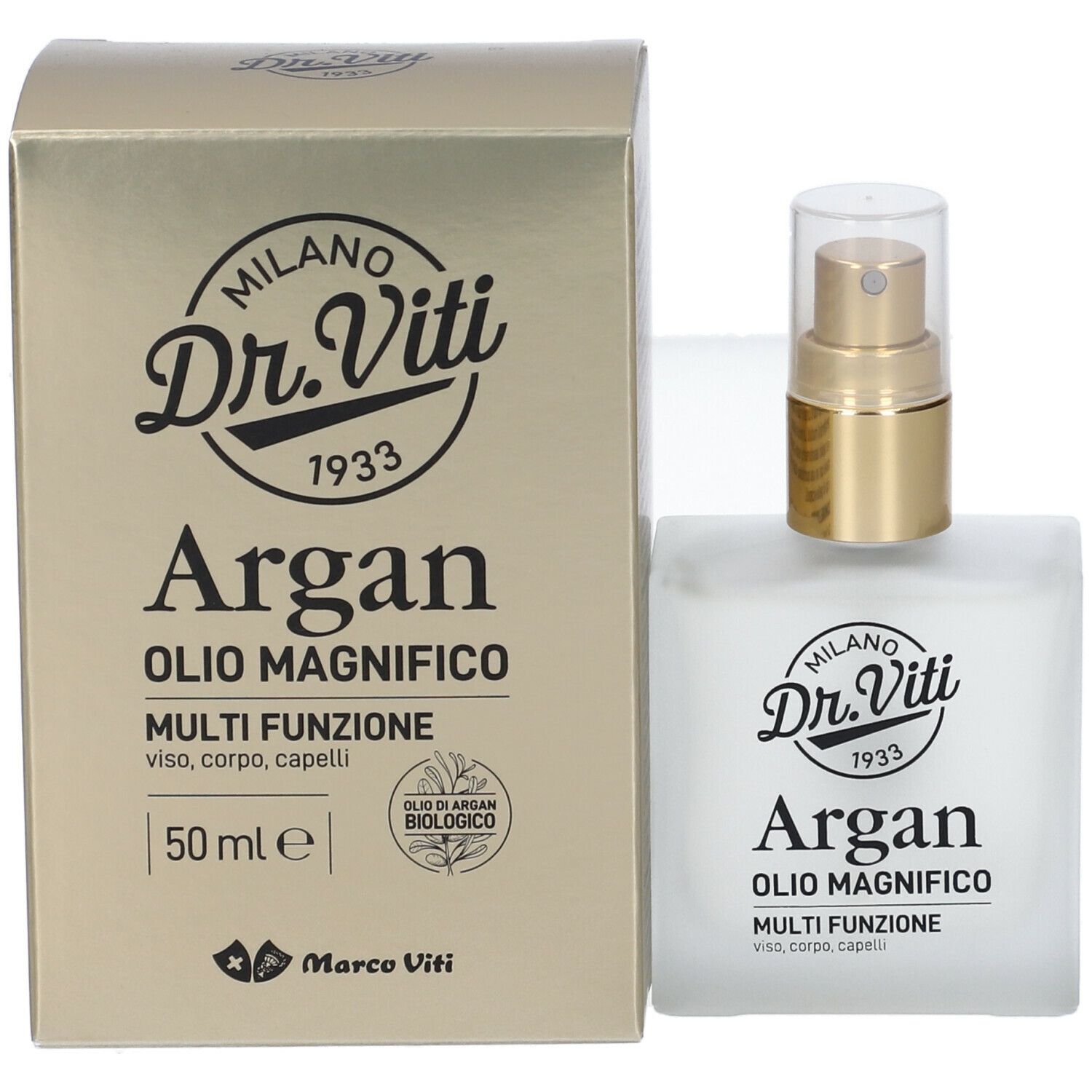 Flacone olio Argan con scatola. Scritta: Dr. Viti, Argan, Olio Magnifico, 50 ml. Con sigillo bio.
