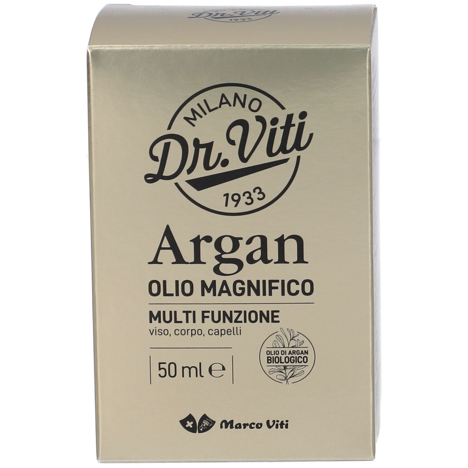 Scatola con scritta: Dr. Viti, Argan, Olio Magnifico, 50 ml. Con sigillo bio e logo Marco Viti.