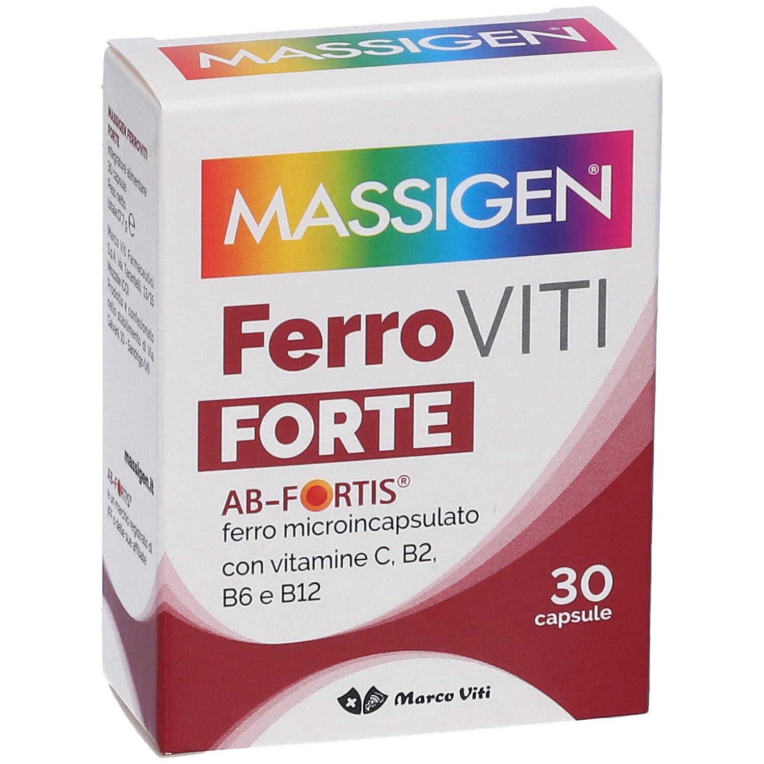 Scatola bianca "MASSIGEN FerroViti FORTE" con 30 capsule. Accenti rossi e colorati.