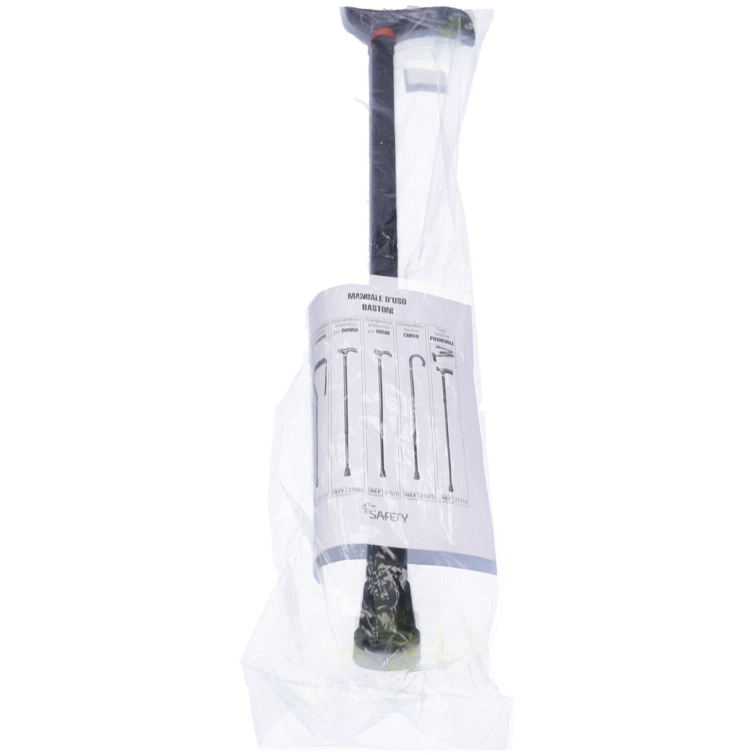 Bastone in confezione di plastica con etichetta. Bastone nero con impugnatura curva.