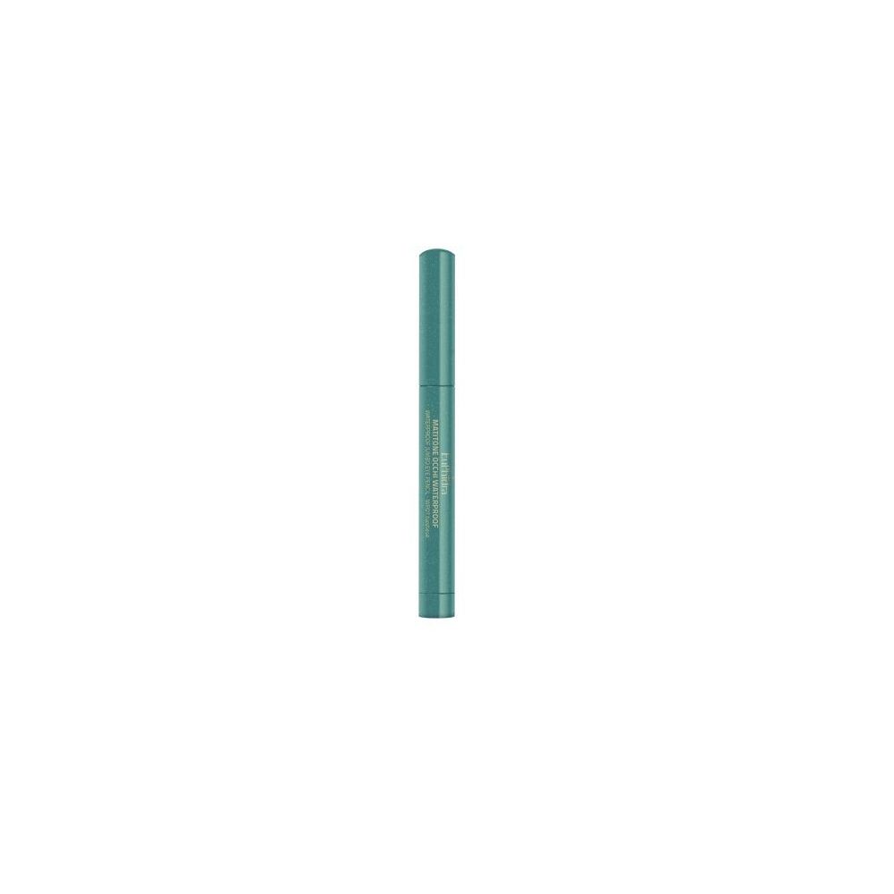 Matita turchese con testo. Scritta: Matita Ombretto Occhi. Forma cilindrica. Sfondo bianco.