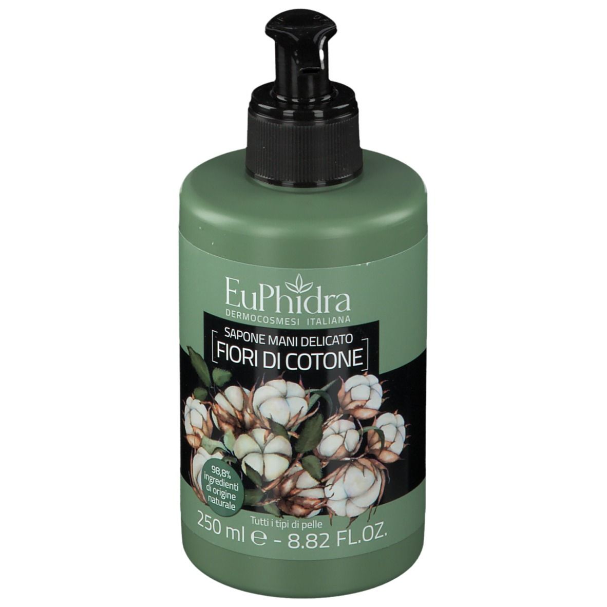 Flacon vert avec pompe noire. Inscription: EuPhidra, Sapone mani delicato Fiori di cotone. 250 ml.