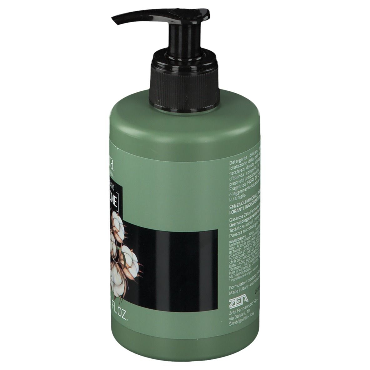 Flacon vert avec pompe noire. Texte en italien. Informations produit au dos.