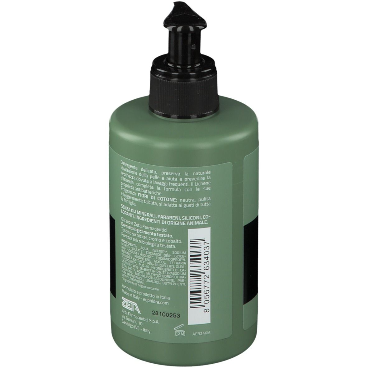 Flacon vert avec pompe noire. Informations produit et code-barres au dos.