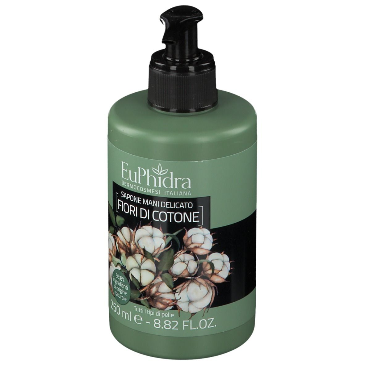 Flacon vert avec pompe noire. Inscription: EuPhidra, Sapone mani delicato Fiori di cotone. 250 ml.