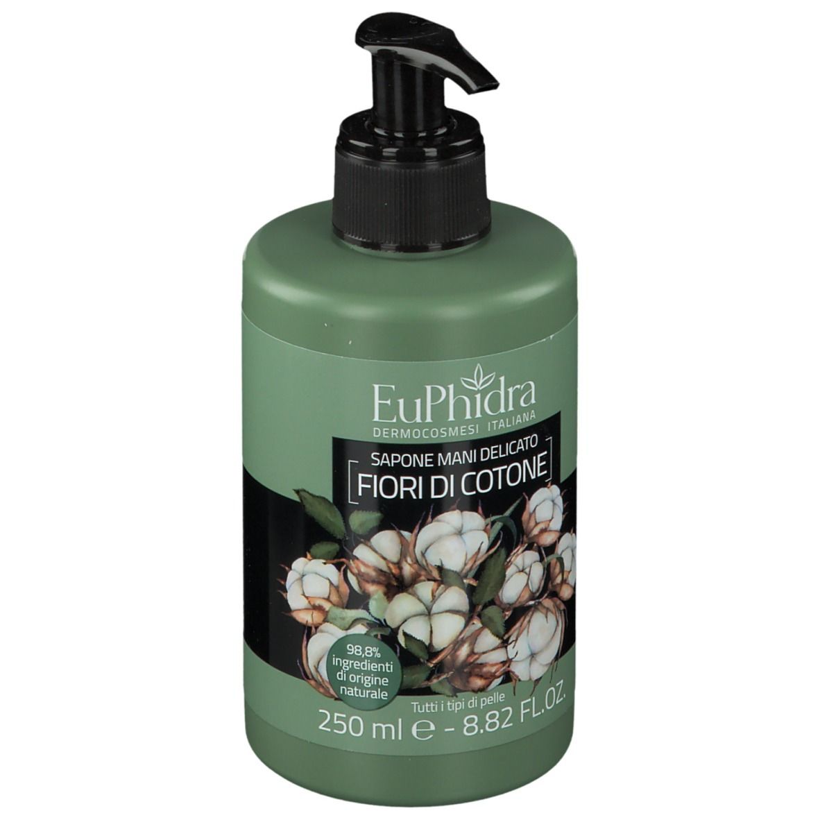 Flacon vert avec pompe noire. Inscription: EuPhidra, Sapone mani delicato Fiori di cotone. 250 ml.
