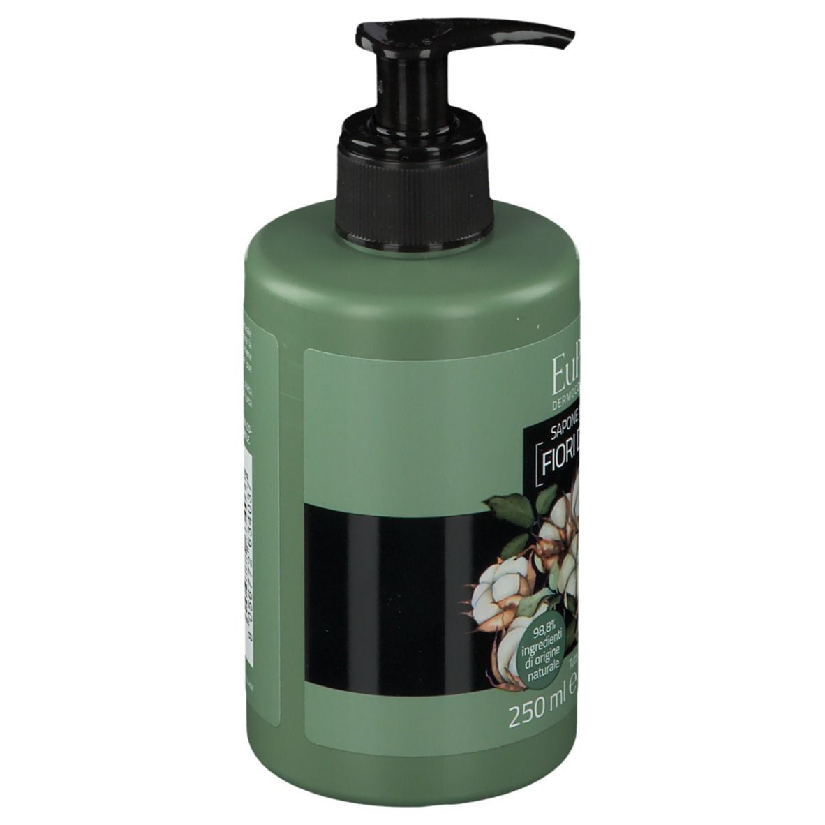 Flacon vert avec pompe noire. Inscription: EuPhidra, Sapone mani delicato Fiori di cotone. 250 ml.