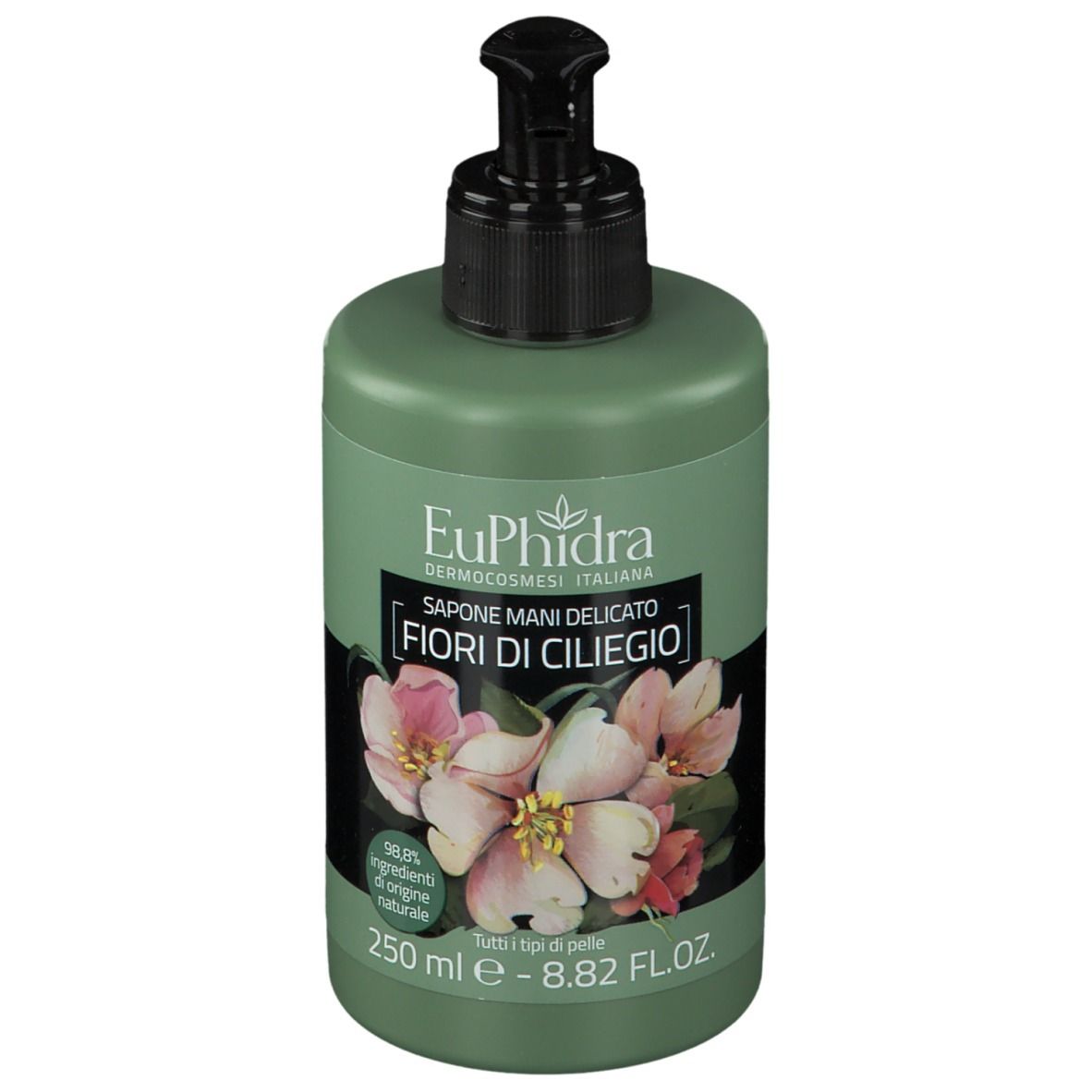 Flacon vert avec pompe noire. Étiquette avec nom du produit, illustration de fleurs de cerisier et texte. 250 ml.