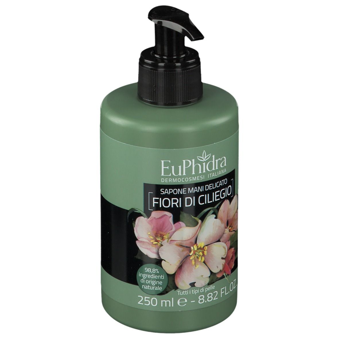 Flacon vert avec pompe noire. Étiquette avec nom du produit, illustration de fleurs de cerisier et texte. 250 ml.