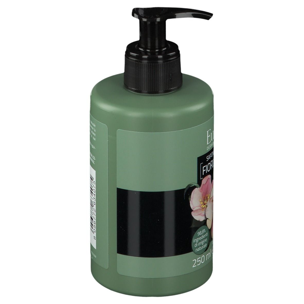 Flacon vert avec pompe noire. Vue latérale avec texte et bande noire. Nom du produit non visible.