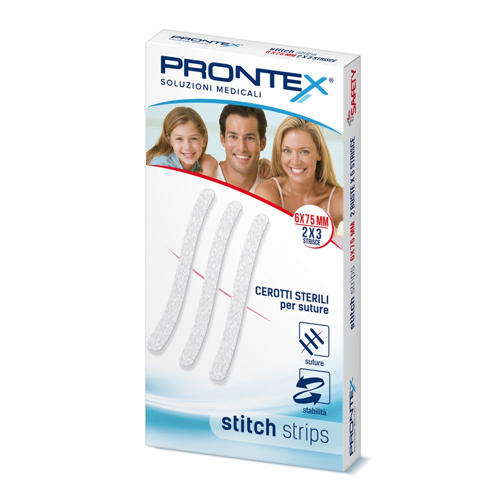 Confezione di Prontex Stitch Strips. Contiene strisce 6x75mm. Sulla confezione sono raffigurate tre strisce bianche.