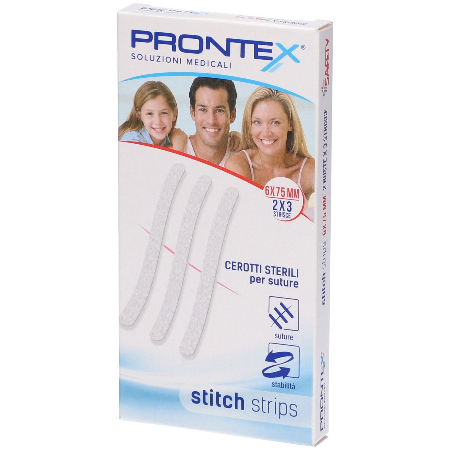 Confezione di Prontex Stitch Strips. Contiene strisce 6x75mm. La confezione mostra tre strisce bianche.