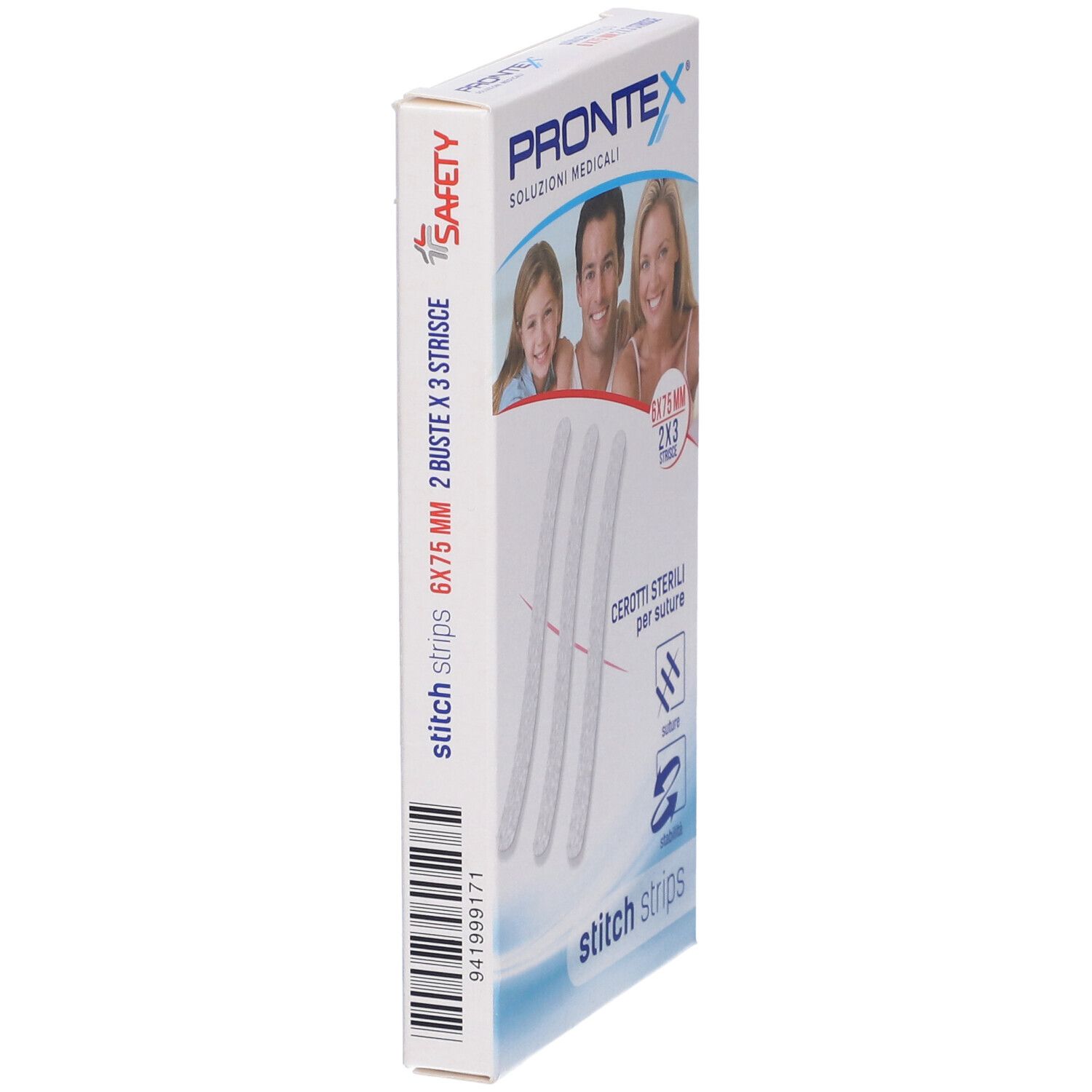 Confezione di Prontex Stitch Strips. Contiene strisce 6x75mm. La confezione è mostrata leggermente inclinata.