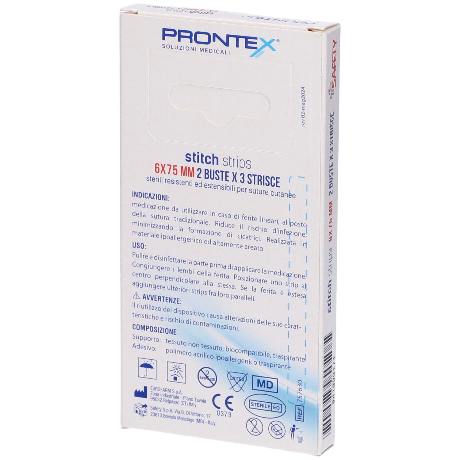 Retro della confezione di Prontex Stitch Strips. Contiene informazioni e istruzioni. Dimensione 6x75mm.