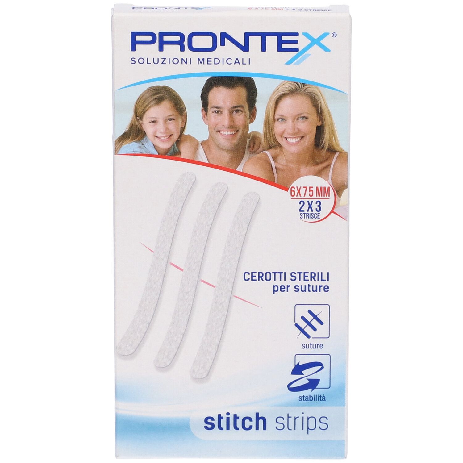 Confezione di Prontex Stitch Strips. Contiene strisce 6x75mm. Sulla confezione sono raffigurate tre strisce bianche.