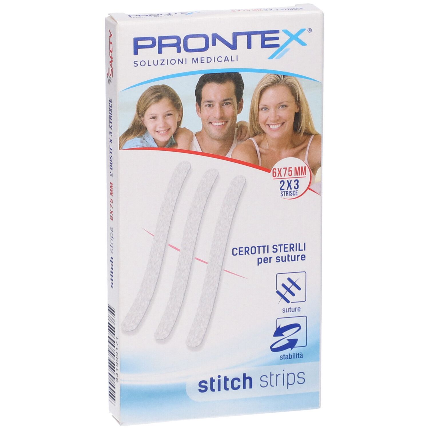 Confezione di Prontex Stitch Strips. Contiene strisce 6x75mm. Sulla confezione sono raffigurate tre strisce bianche.