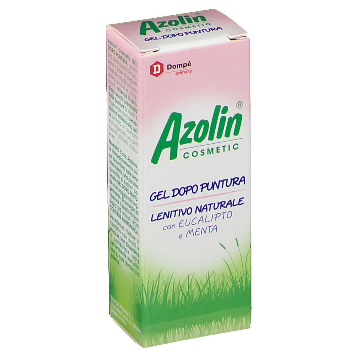 Confezione di Azolin®-Gel. Scatola bianca e rosa con logo e testo verdi. "GEL DOPO PUNTURA" e "LENITIVO NATURALE".