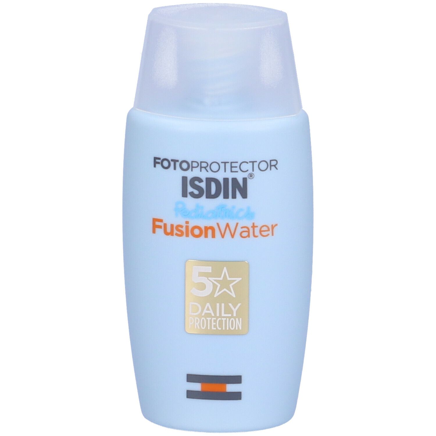 Flacone azzurro chiaro con tappo bianco. Scritta: Fotoprotector ISDIN Pediatrics FusionWater. Stella dorata con SPF50.