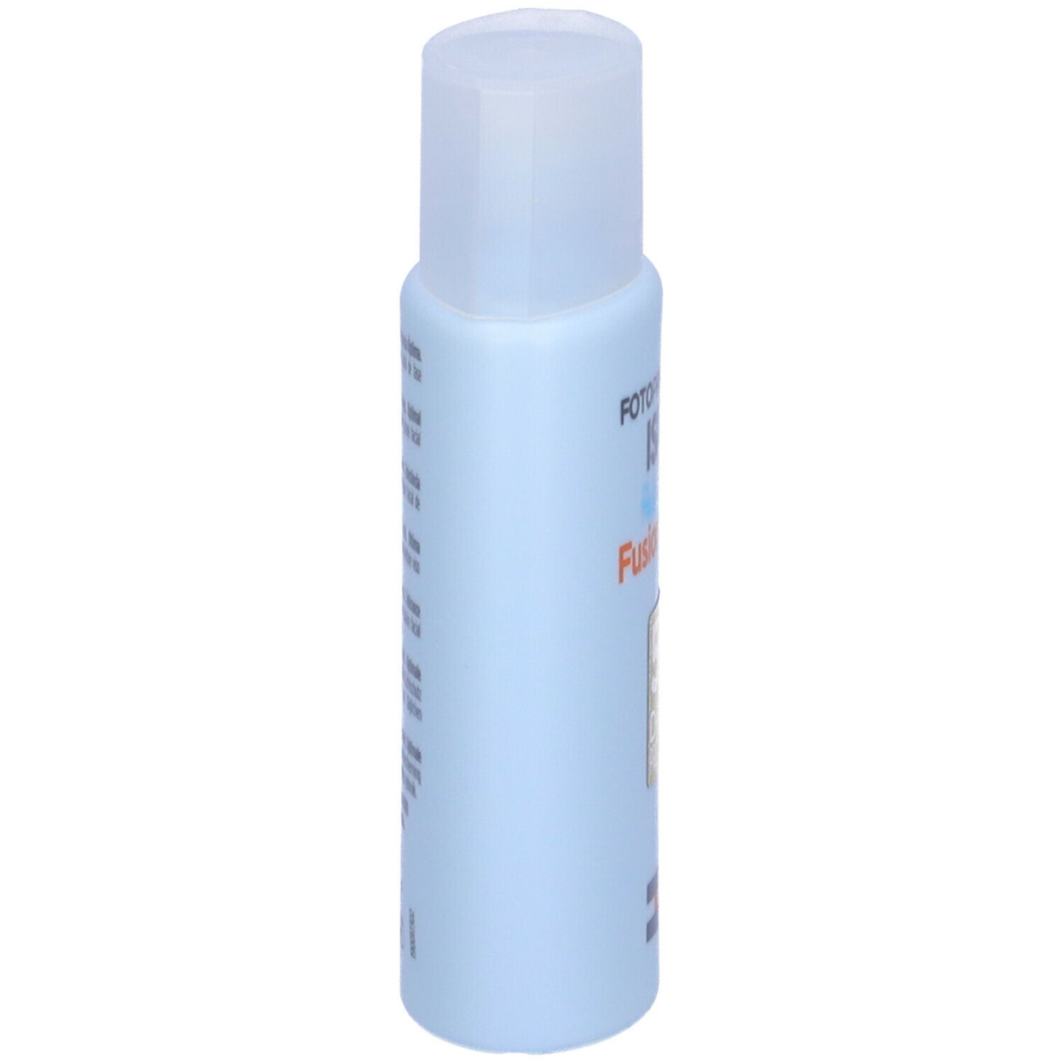 Flacone azzurro chiaro con tappo bianco. Scritte e testo sul lato. Nome prodotto: Fotoprotector ISDIN FusionWater.
