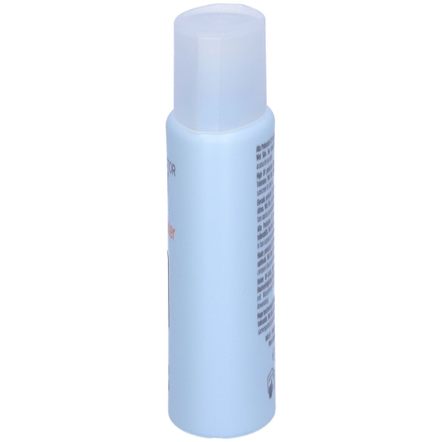 Flacone azzurro chiaro con tappo bianco. Testo sul lato. Nome prodotto: Fotoprotector ISDIN FusionWater. Informazioni produttore.