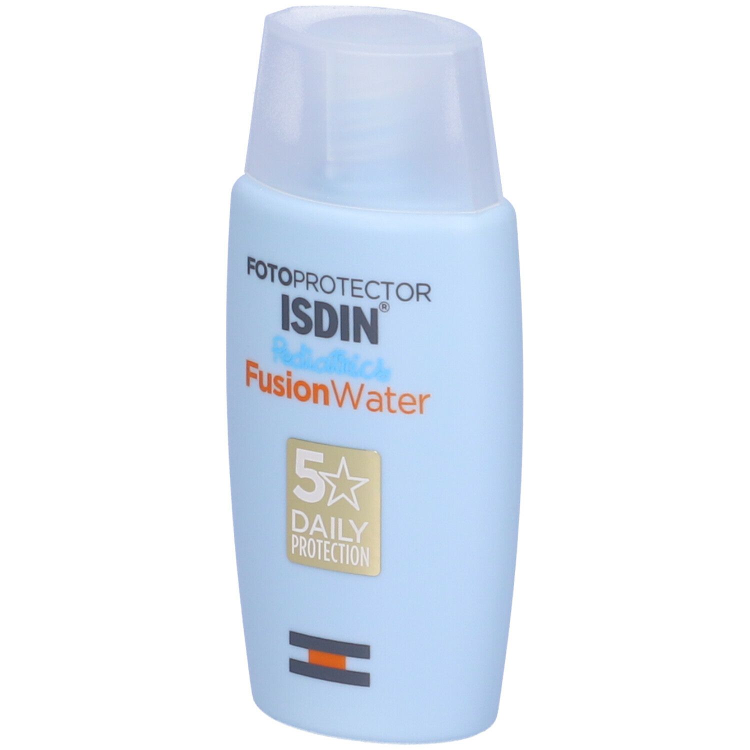 Flacone azzurro chiaro con tappo bianco. Scritta: Fotoprotector ISDIN Pediatrics FusionWater. Stella dorata con SPF50.