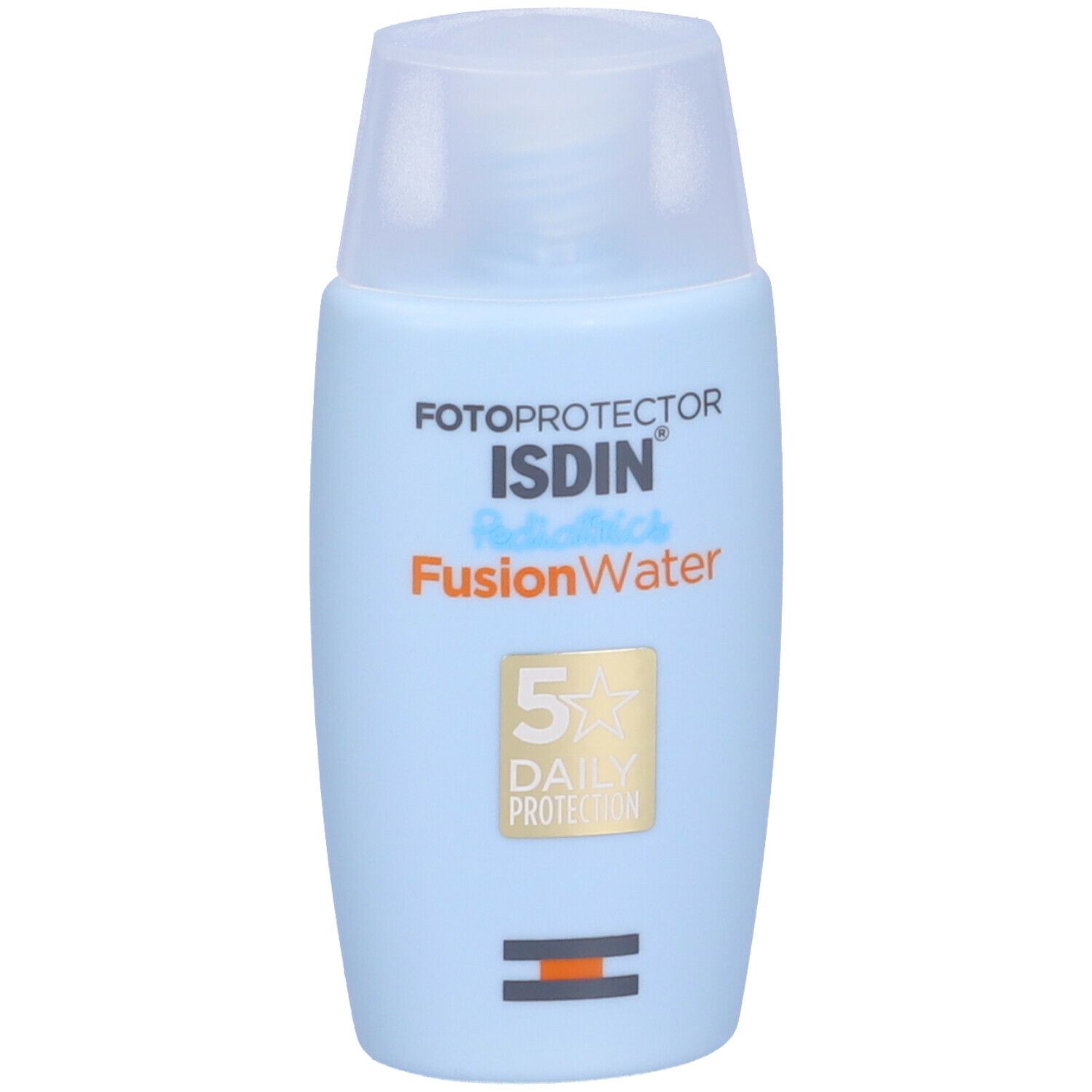 Flacone azzurro chiaro con tappo bianco. Scritta: Fotoprotector ISDIN Pediatrics FusionWater. Stella dorata con SPF50.