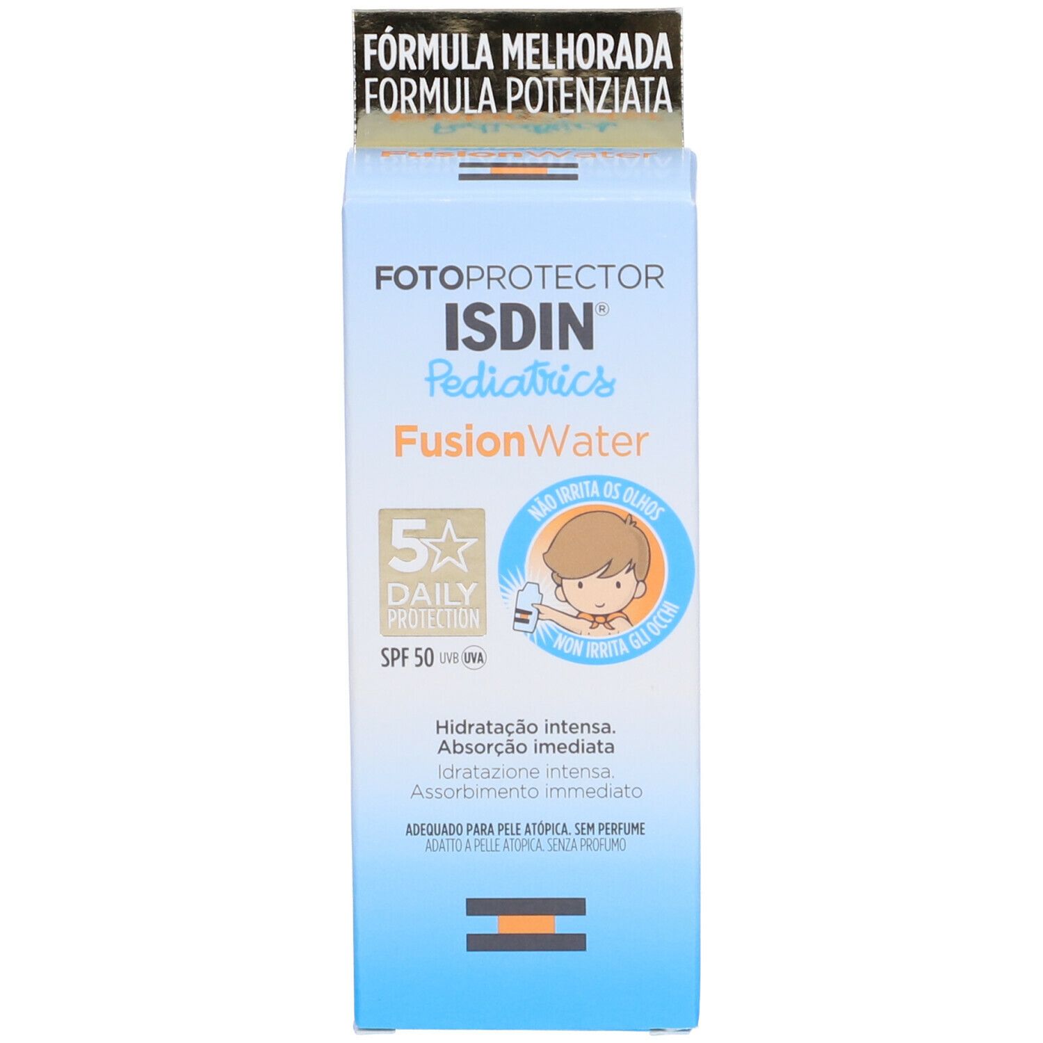 Confezione del prodotto. Scritta: Fotoprotector ISDIN Pediatrics FusionWater. Stella dorata con SPF50. Illustrazione bambino.