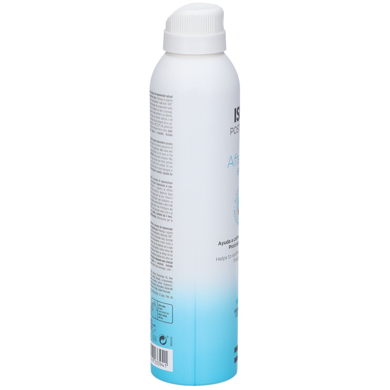 Flacone spray bianco e blu. Testo sul lato. Contiene informazioni sul prodotto. Con erogatore bianco.
