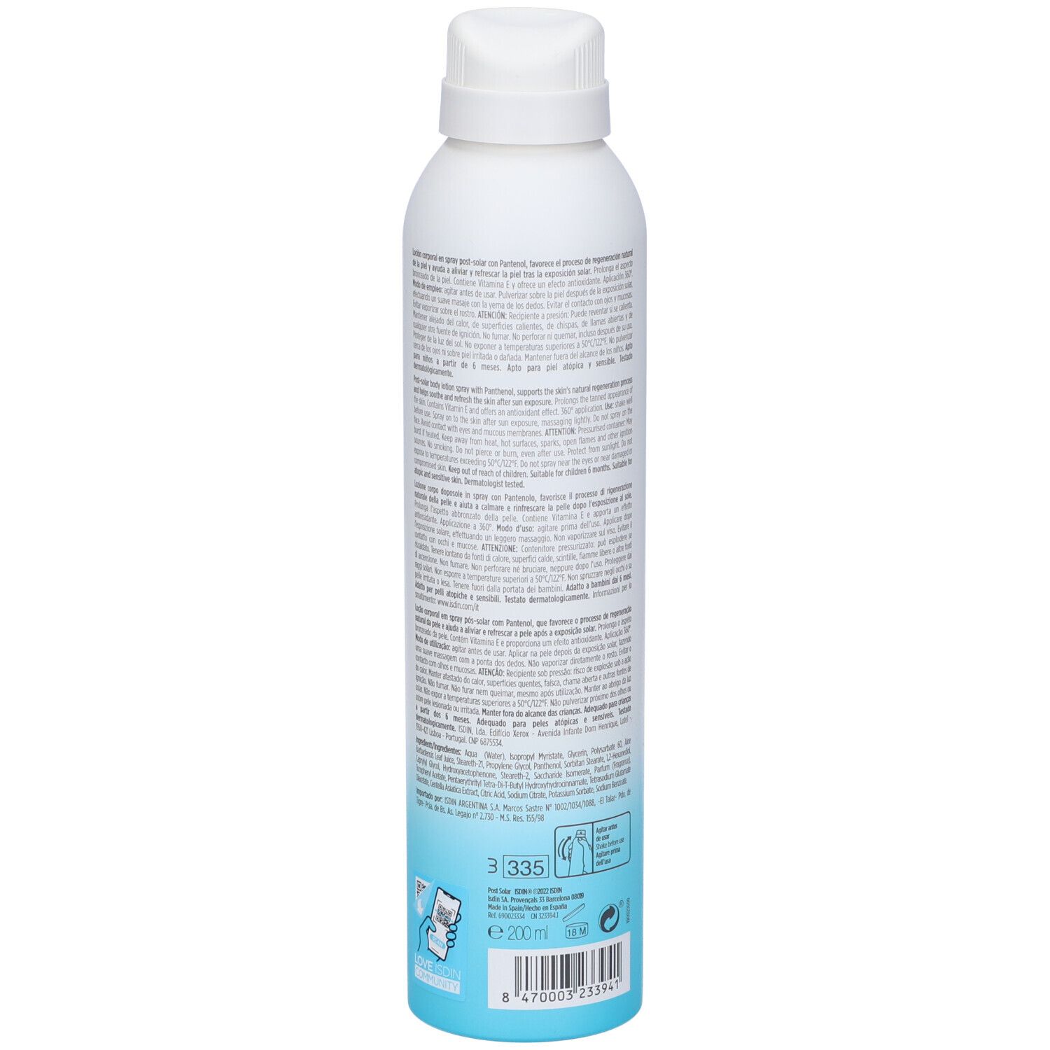 Retro del flacone spray bianco e blu. Testo con informazioni sul prodotto. Con erogatore bianco.