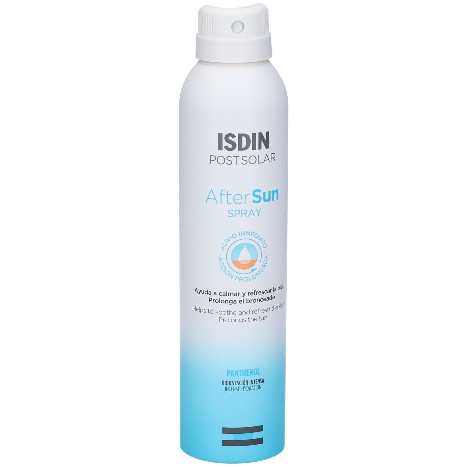 Flacone spray bianco e blu. Scritta: ISDIN Post Solar After Sun Spray. Azione immediata. Contiene pantenolo.