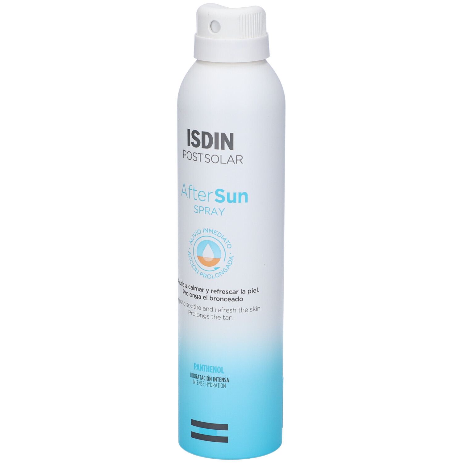 Flacone spray bianco e blu. Scritta: ISDIN Post Solar After Sun Spray. Azione immediata. Contiene pantenolo.