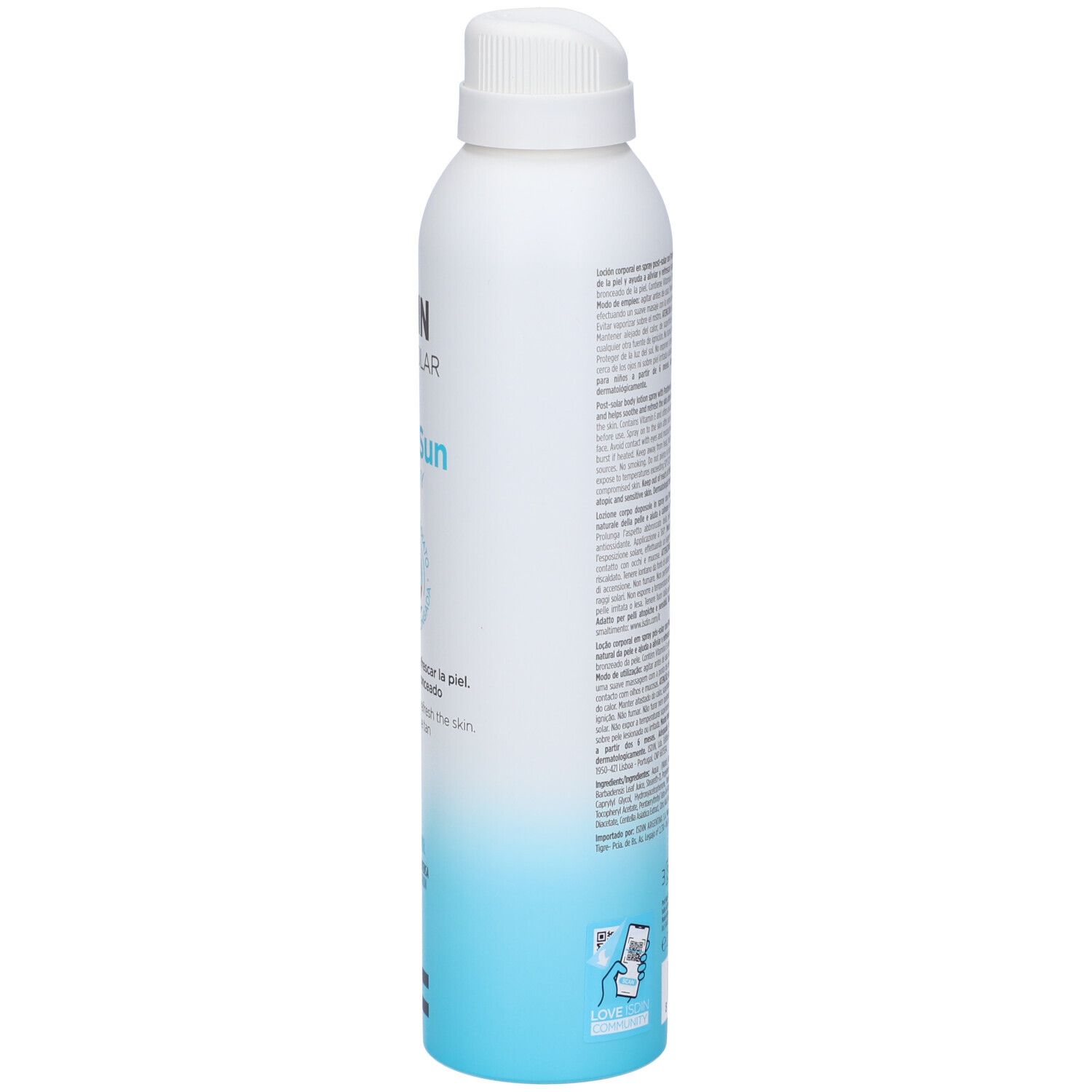 Flacone spray bianco e blu. Testo sul lato. Contiene informazioni sul prodotto. Con erogatore bianco.