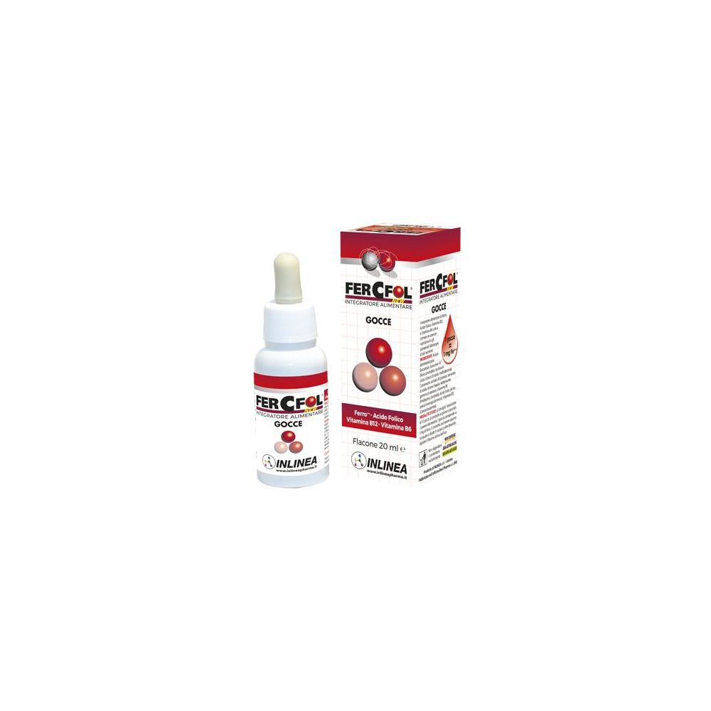 Flacone e confezione di Fercfol New Gocce 20 ml. Flacone contagocce con etichette rosse e bianche.