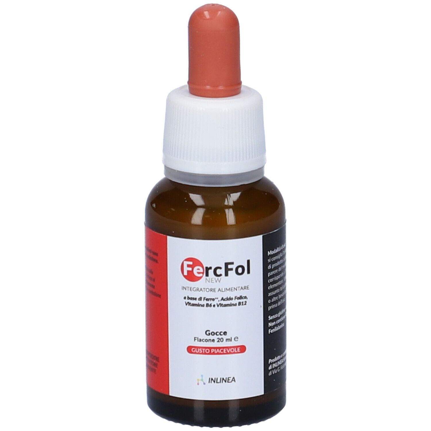 Flacone Fercfol New Gocce 20 ml. Flacone in vetro marrone con tappo bianco ed etichetta rossa.