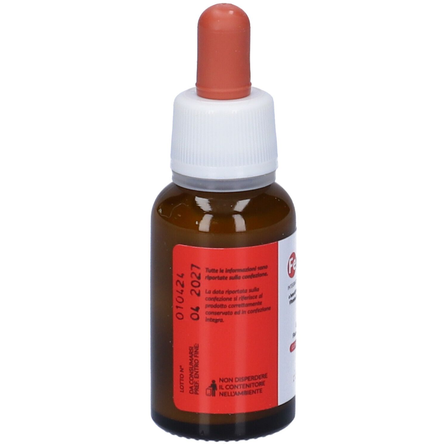 Flacone Fercfol New Gocce 20 ml. Flacone in vetro marrone con etichetta rossa e data.
