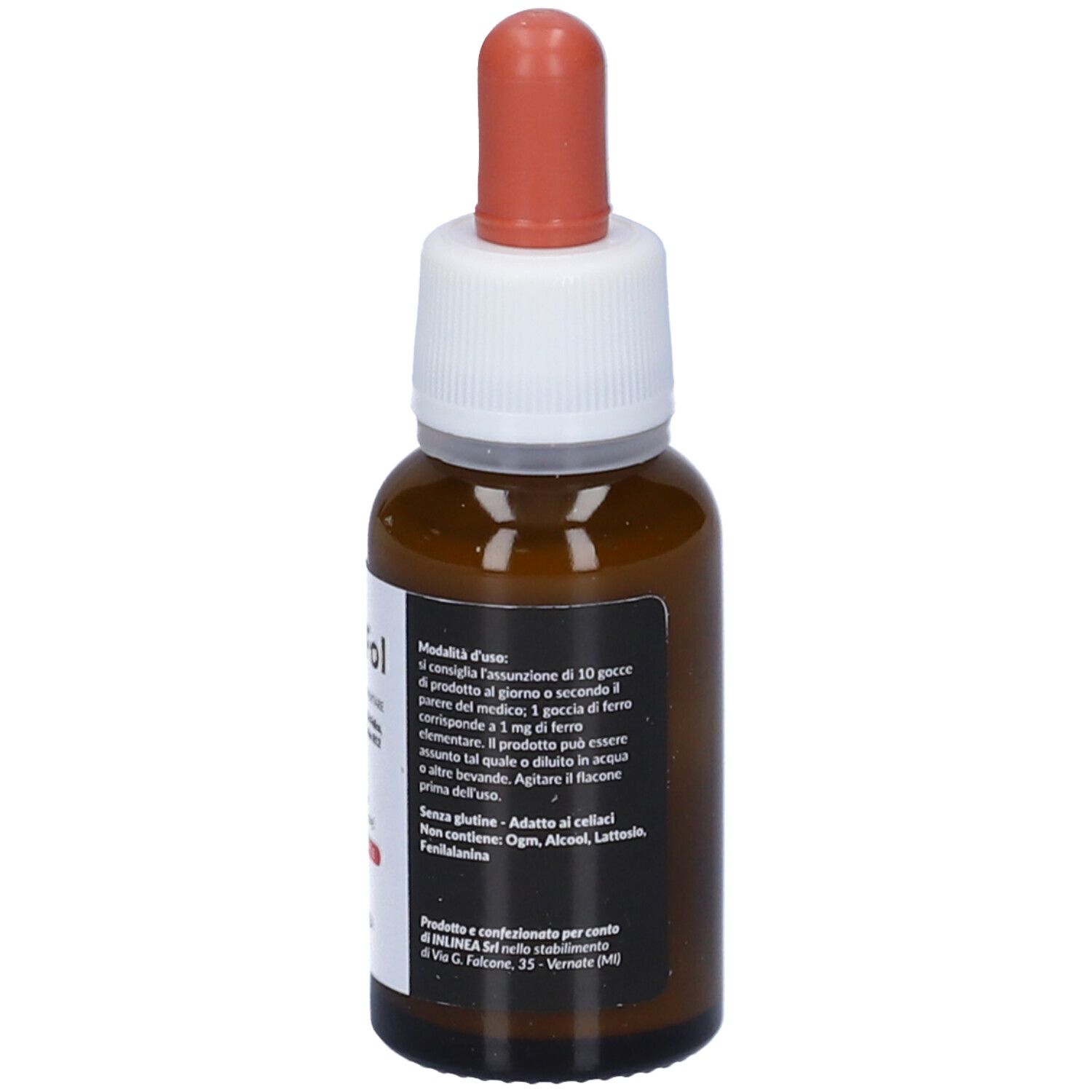 Flacone Fercfol New Gocce 20 ml. Flacone in vetro marrone con etichetta rossa e testo.