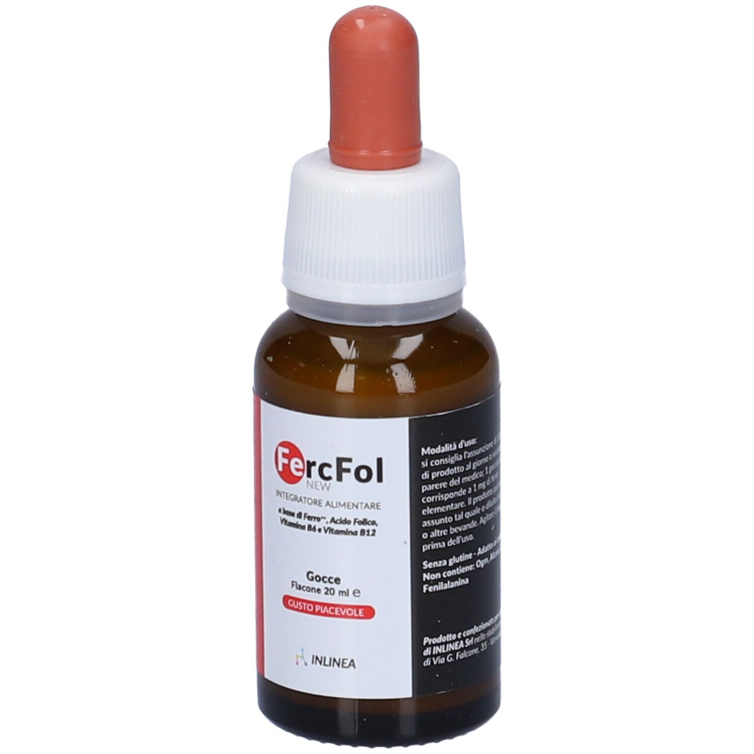 Flacone Fercfol New Gocce 20 ml. Flacone in vetro marrone con etichetta rossa.
