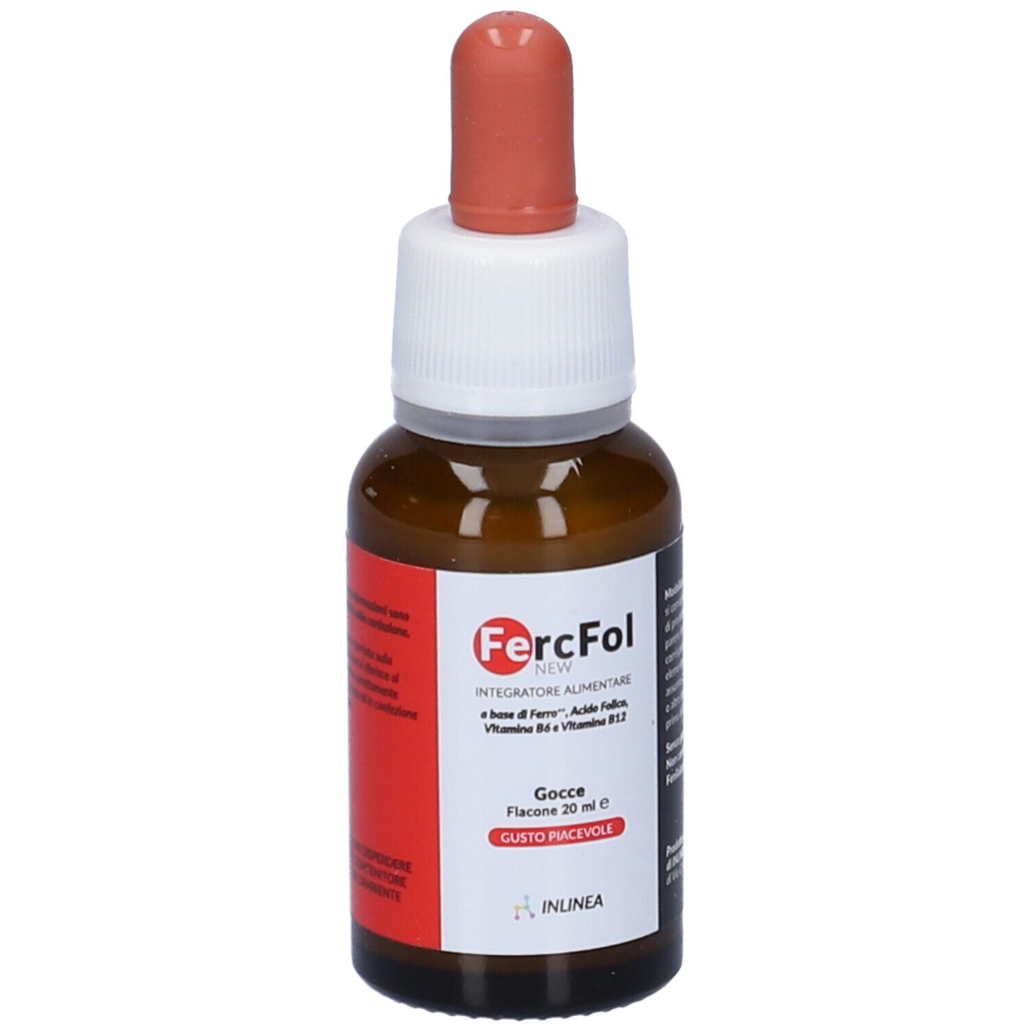 Flacone Fercfol New Gocce 20 ml. Flacone in vetro marrone con etichetta rossa.