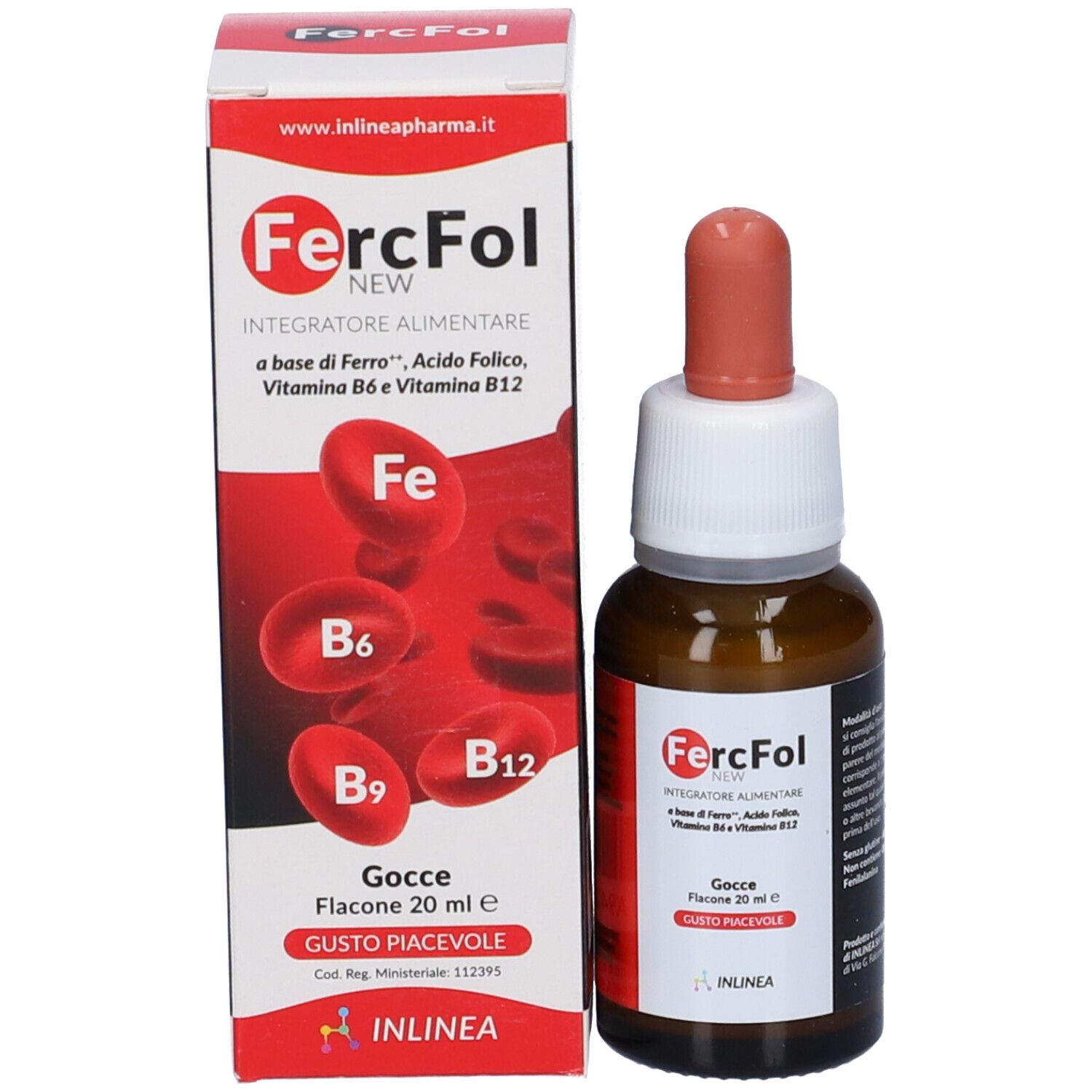 Flacone e confezione di Fercfol New Gocce 20 ml. Flacone contagocce e scatola con etichetta rossa.