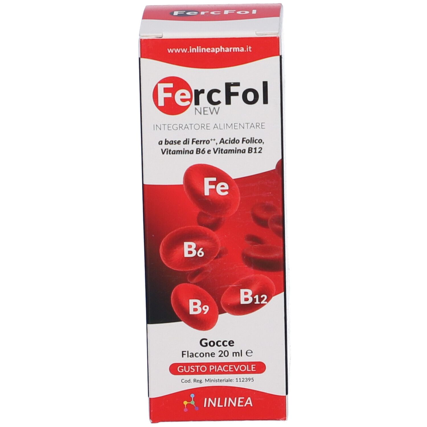 Confezione Fercfol New Gocce 20 ml. Scatola rossa con informazioni sul prodotto e logo.
