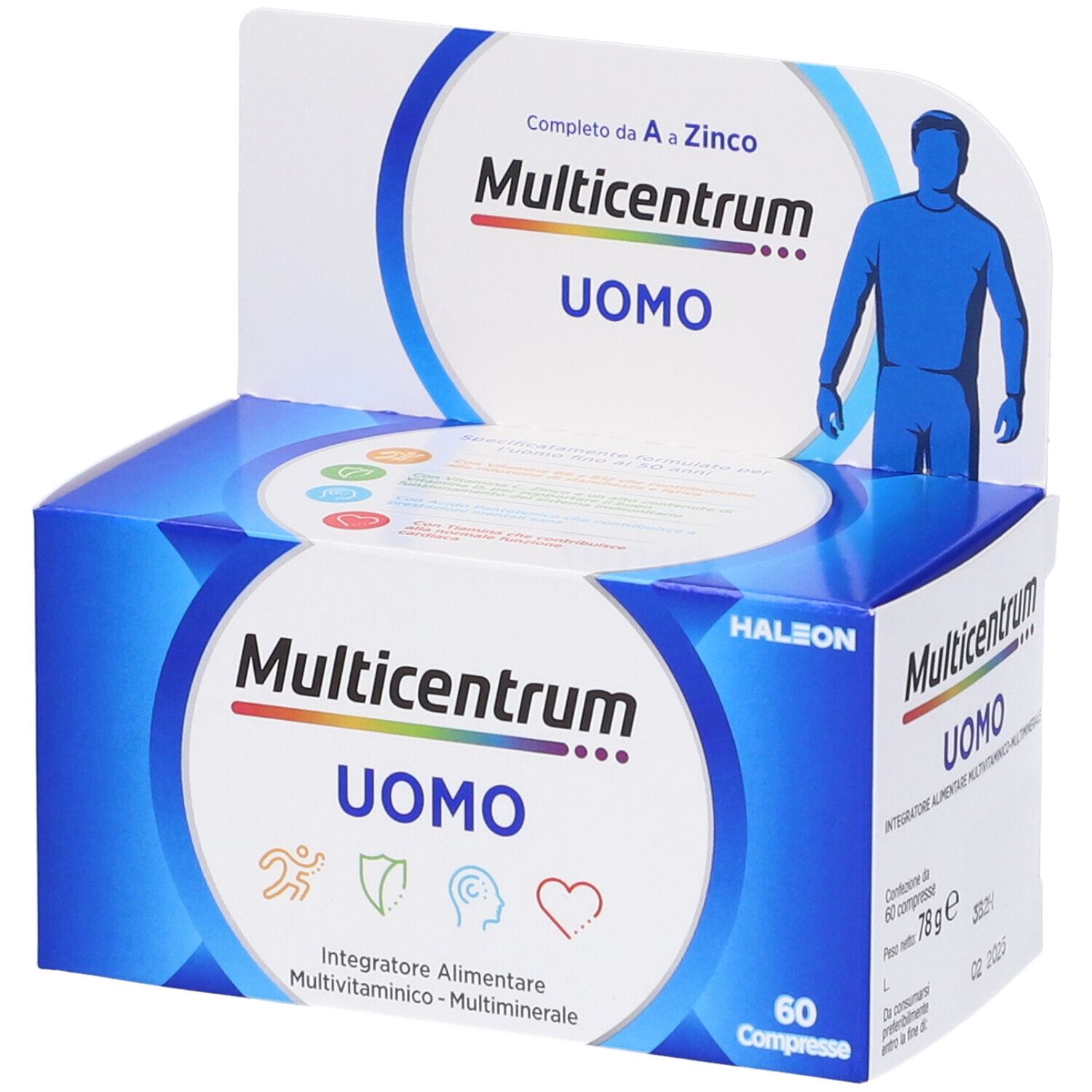 Scatola blu e bianca "Multicentrum Uomo". Contiene 60 compresse. Scritto: "Integratore Alimentare Multivitaminico-Multiminerale".