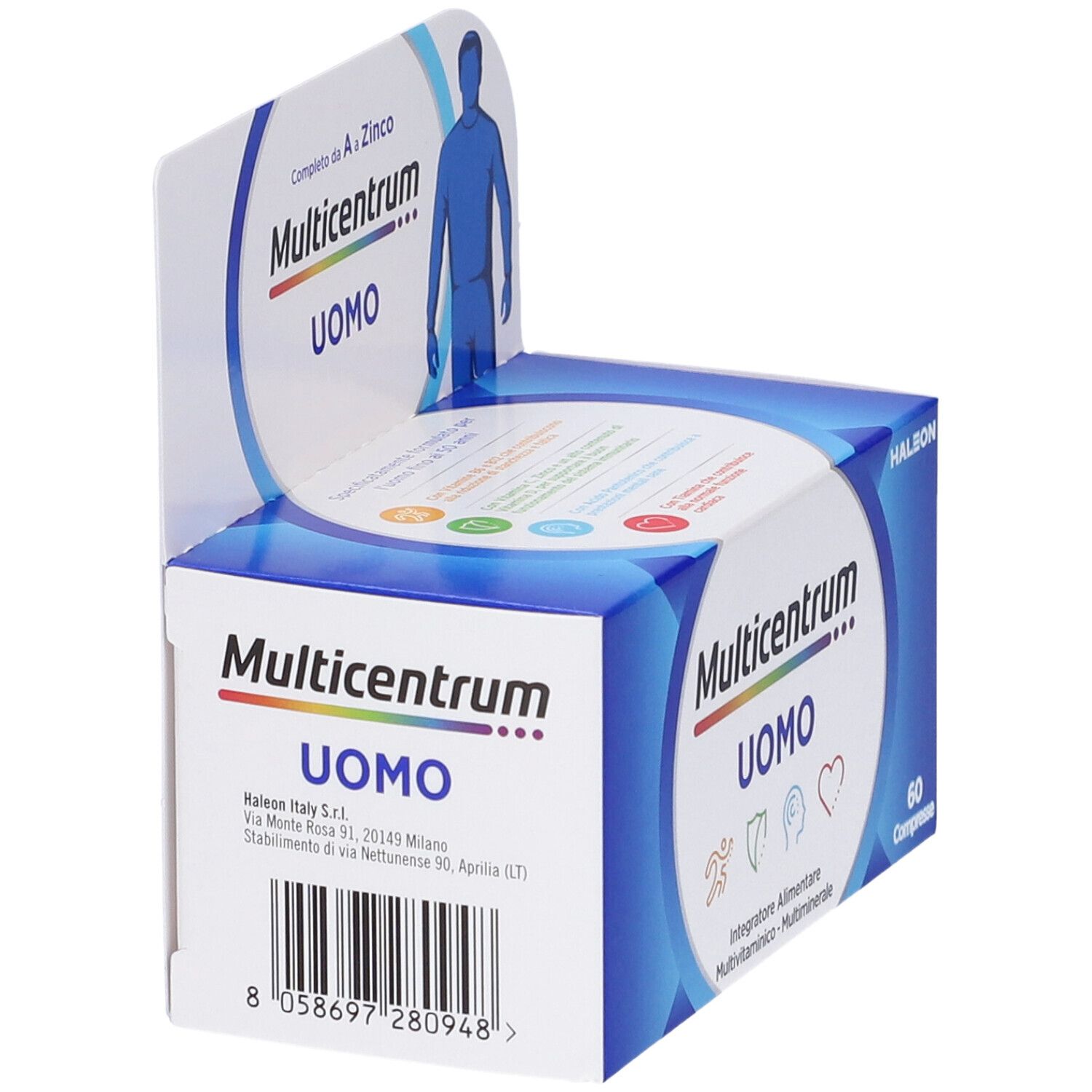 Retro confezione "Multicentrum Uomo". Contiene informazioni su ingredienti e valori nutrizionali. Con codice a barre e QR code.