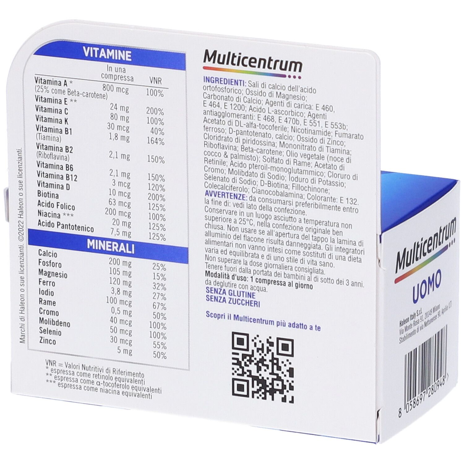 Vista dettagliata della confezione "Multicentrum Uomo". Mostra ingredienti, valori nutrizionali e QR code. Senza zucchero.