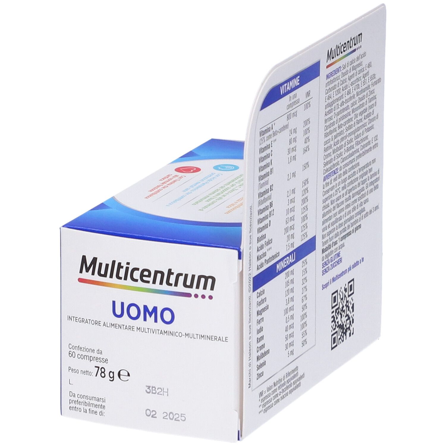 Confezione "Multicentrum Uomo" aperta. Mostra informazioni su vitamine e minerali. Con QR code.