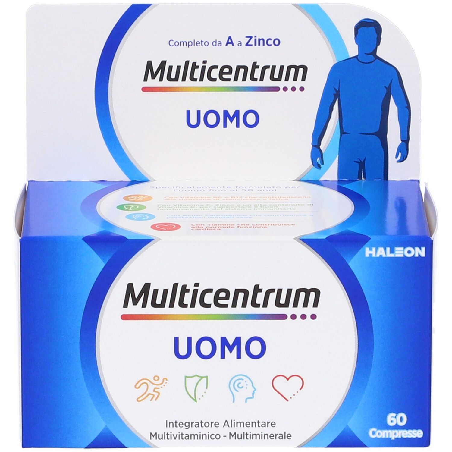 Scatola blu e bianca "Multicentrum Uomo". Contiene 60 compresse. Scritto: "Integratore Alimentare Multivitaminico-Multiminerale".